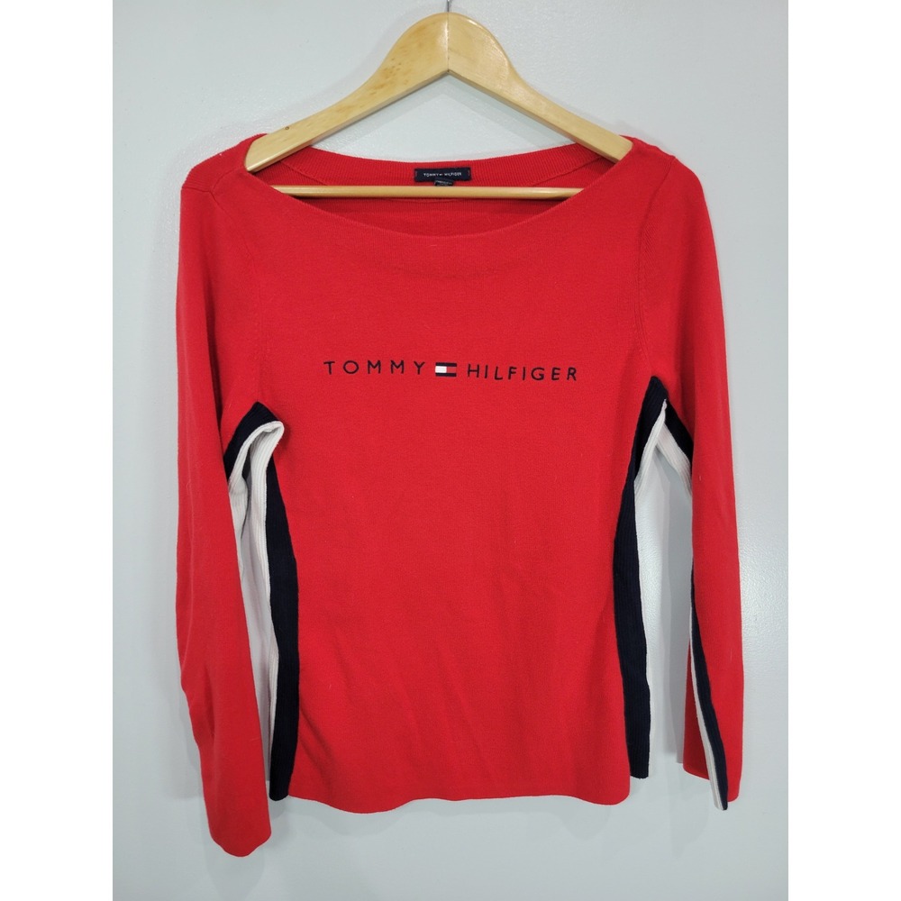 Tommy‎ Hilfiger Red Long Sleeve Boat Neck Sweater Top Color Block Women's L